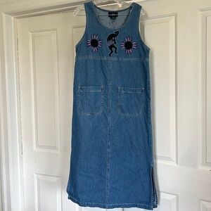 Vintage Denim Jumper Dress Southwest Kokopelli Design 12 P